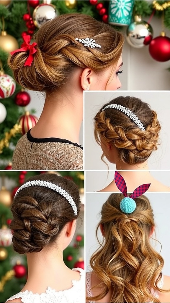 Various Christmas hairstyles with hairbands, including a twisted half-updo, braided crown, and loose waves.
